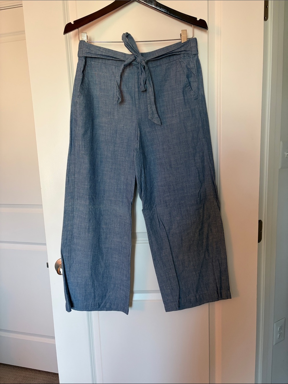 J. Crew Chambray-Style Wide Leg Tie-Waist Pants - Blue